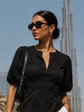Black V Neck Top with Puffy Sleeves